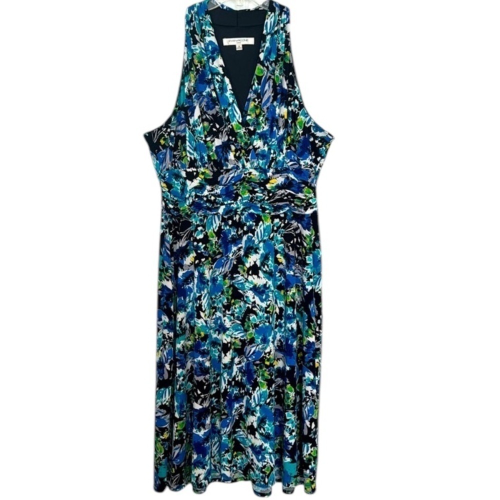 Evan Picone, blue green, white black floral sleeveless v-neck midi dress 16